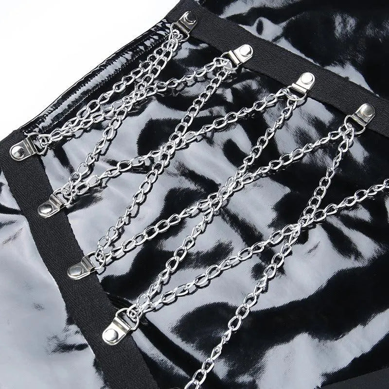 PU Waist High Split Lace Up Crystal Mesh Skirt