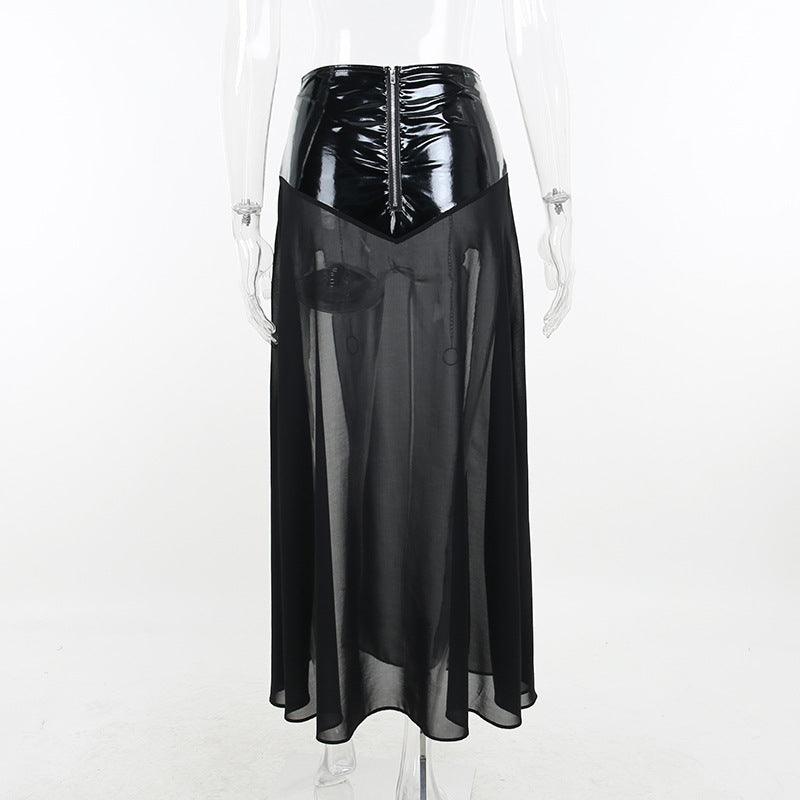 PU Waist High Split Lace Up Crystal Mesh Skirt