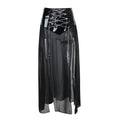 PU Waist High Split Lace Up Crystal Mesh Skirt