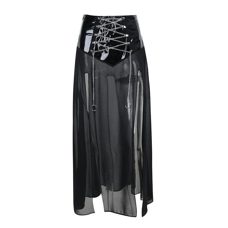 PU Waist High Split Lace Up Crystal Mesh Skirt