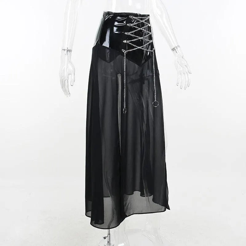 PU Waist High Split Lace Up Crystal Mesh Skirt