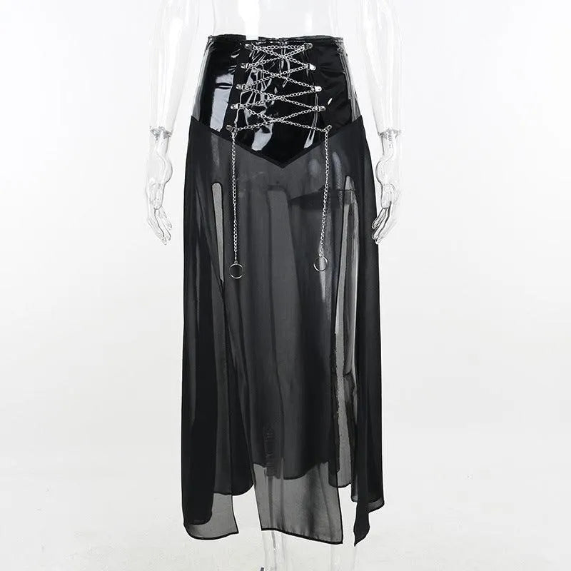 PU Waist High Split Lace Up Crystal Mesh Skirt