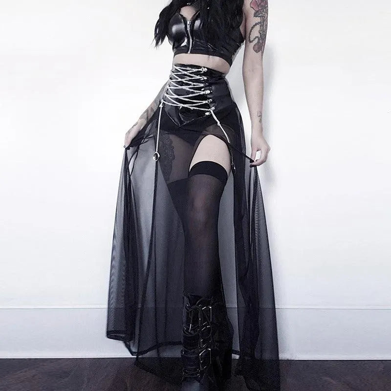 PU Waist High Split Lace Up Crystal Mesh Skirt
