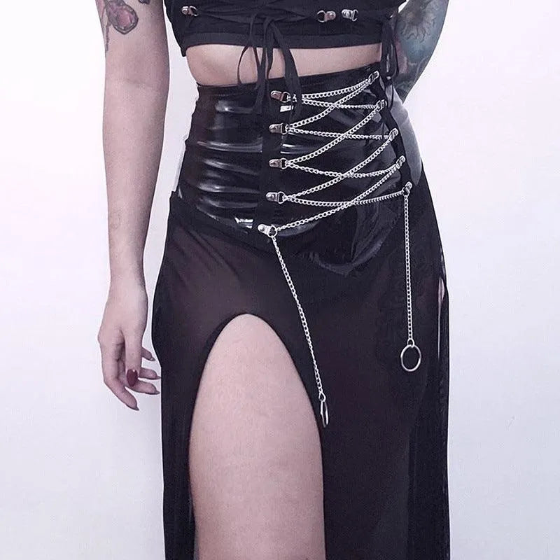 PU Waist High Split Lace Up Crystal Mesh Skirt