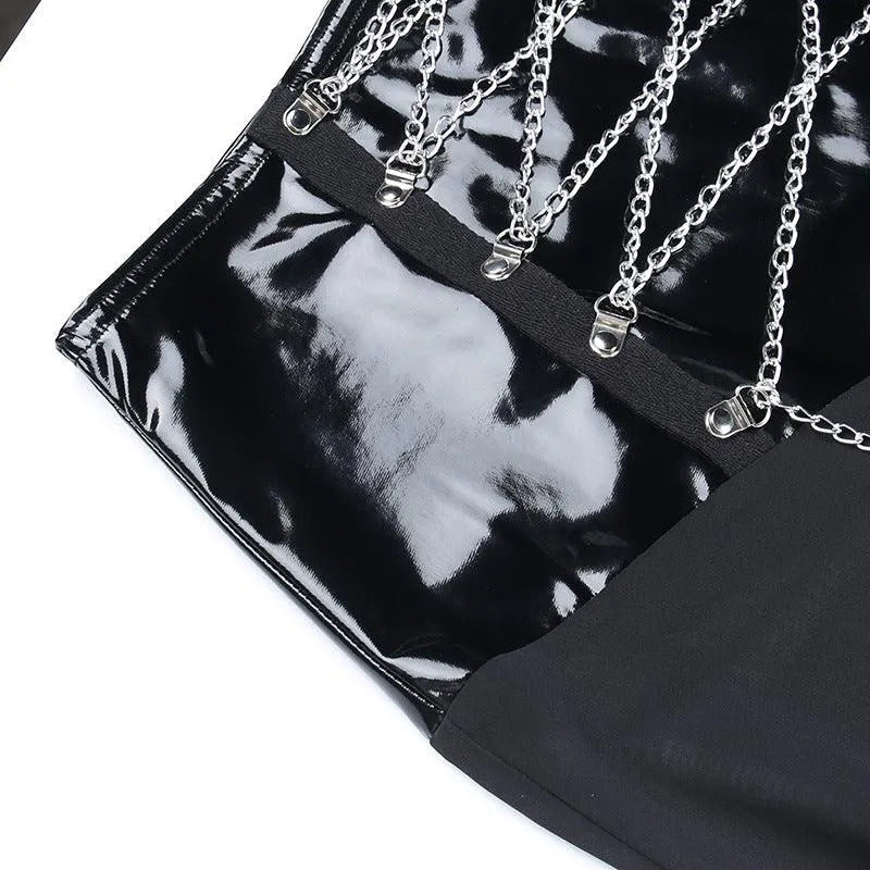 PU Waist High Split Lace Up Crystal Mesh Skirt
