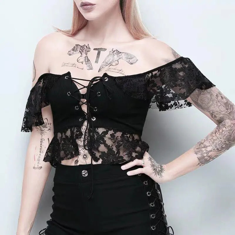 Gothic Black Lace Crop Top
