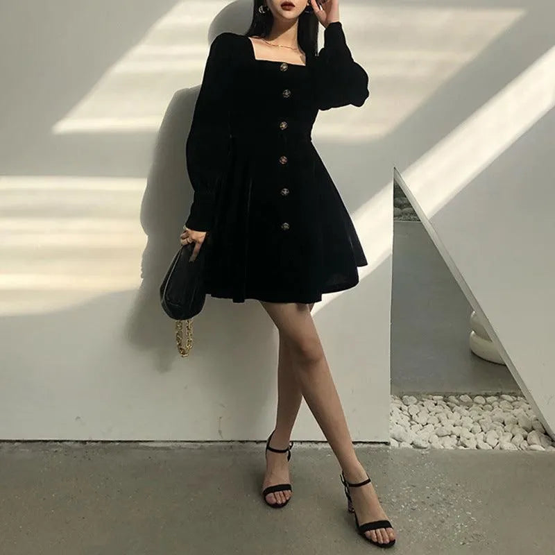 Square Collar Velvet A-line Dress
