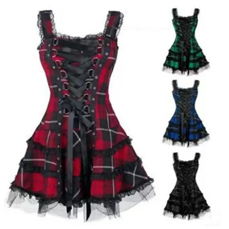 Plaid Mesh Lace Up Slim  Dress