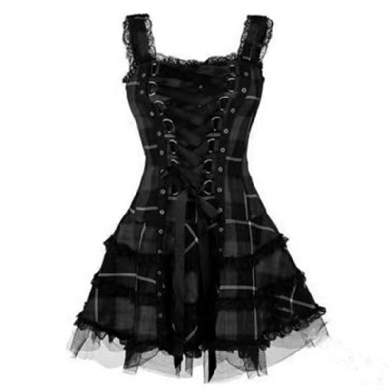 Plaid Mesh Lace Up Slim  Dress