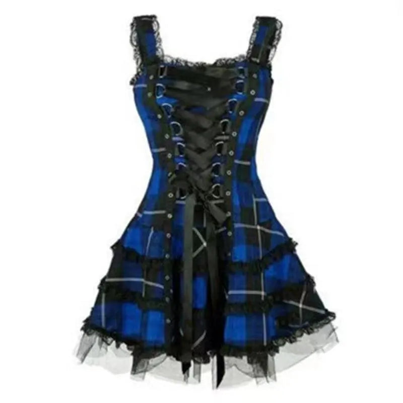 Plaid Mesh Lace Up Slim  Dress