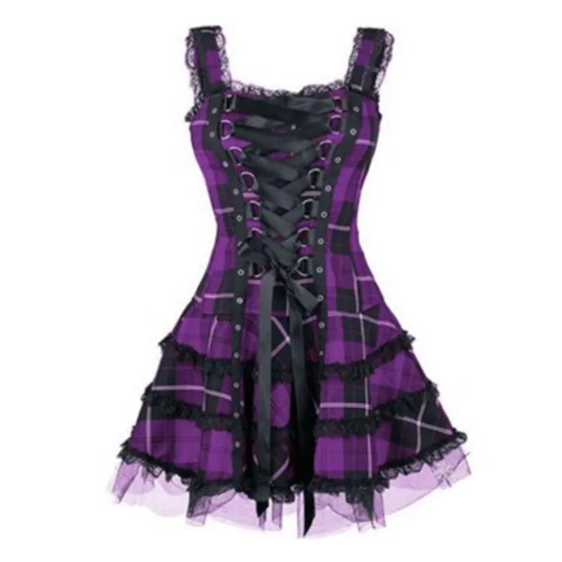 Plaid Mesh Lace Up Slim  Dress