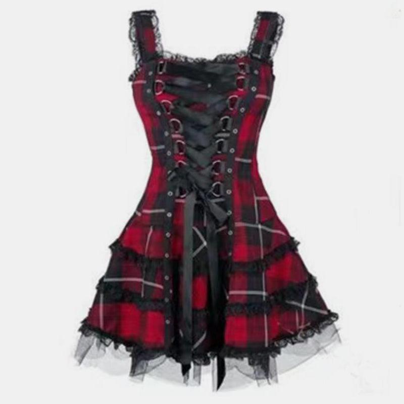 Plaid Mesh Lace Up Slim  Dress
