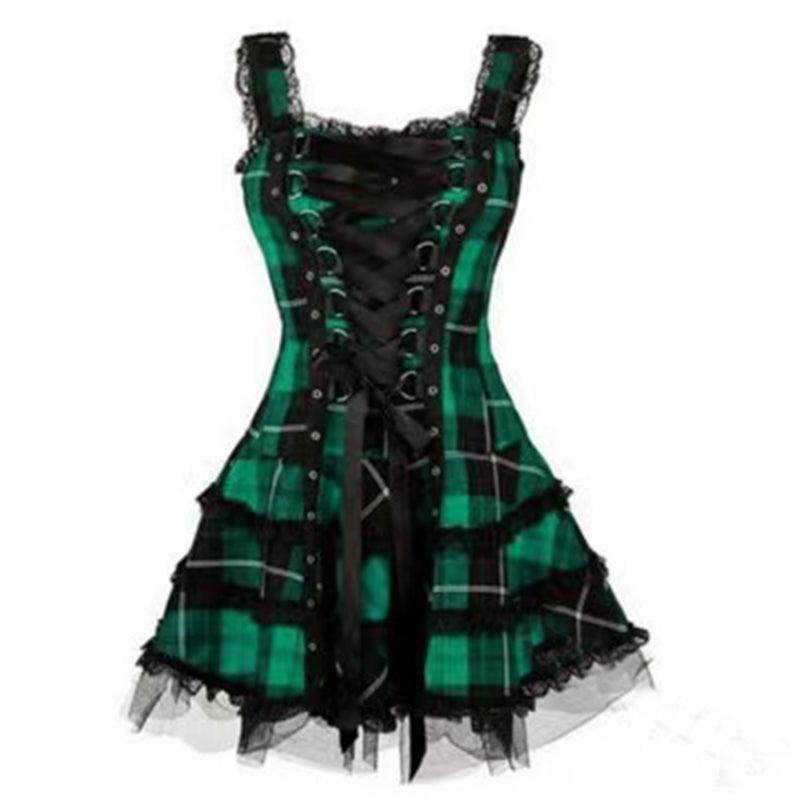 Plaid Mesh Lace Up Slim  Dress