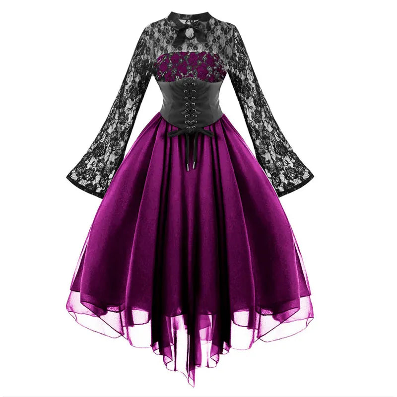 Gothic Style Splicing Long Sleeve Flared Dress
