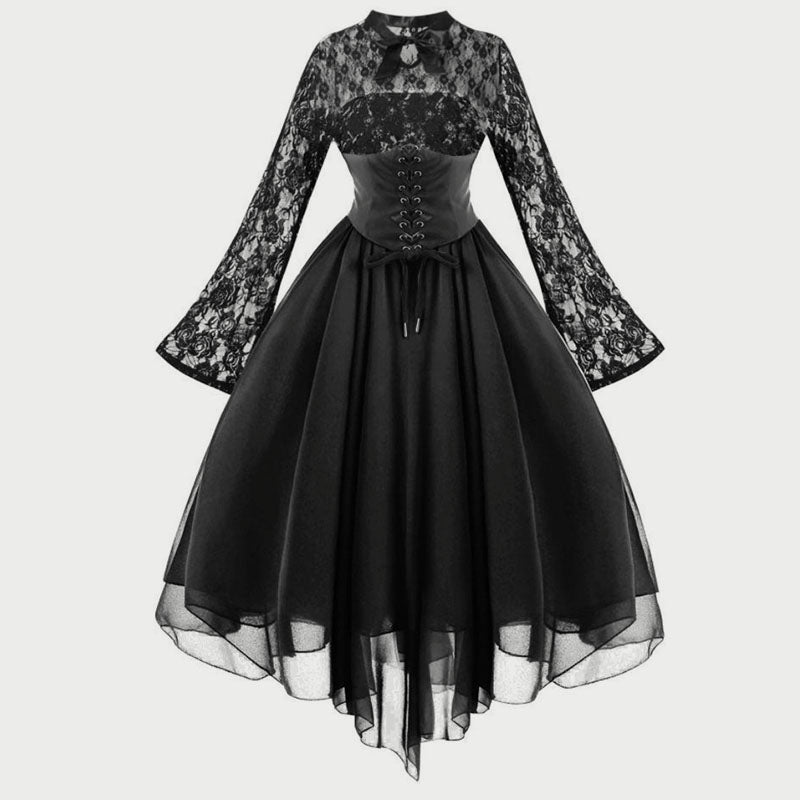 Gothic Style Splicing Long Sleeve Flared Dress