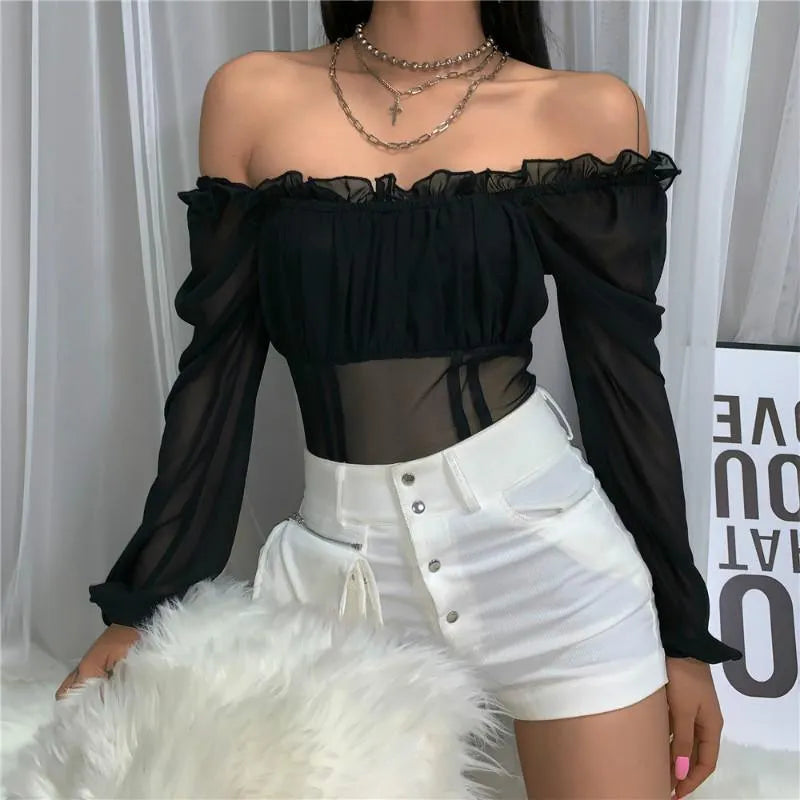 Off Shoulder Ruffled Mesh Bodysuit