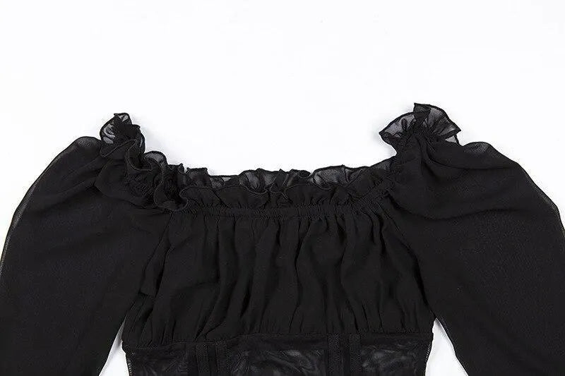 Off Shoulder Ruffled Mesh Bodysuit