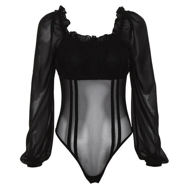 Off Shoulder Ruffled Mesh Bodysuit