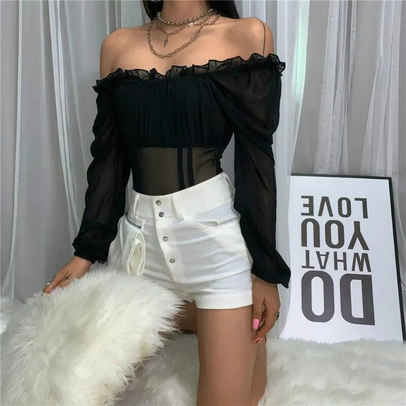 Off Shoulder Ruffled Mesh Bodysuit