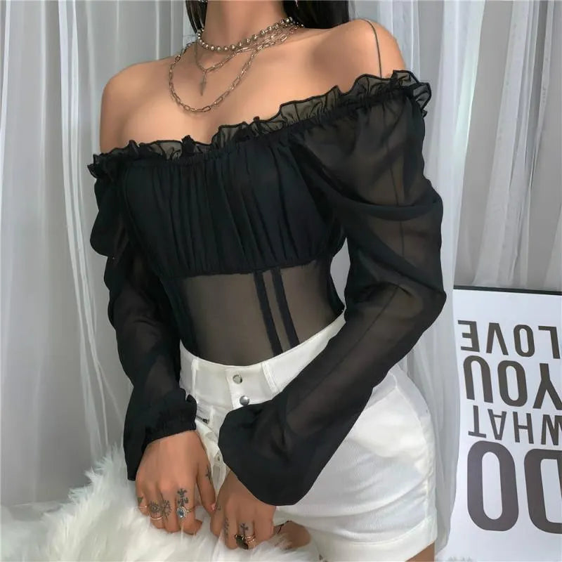 Off Shoulder Ruffled Mesh Bodysuit