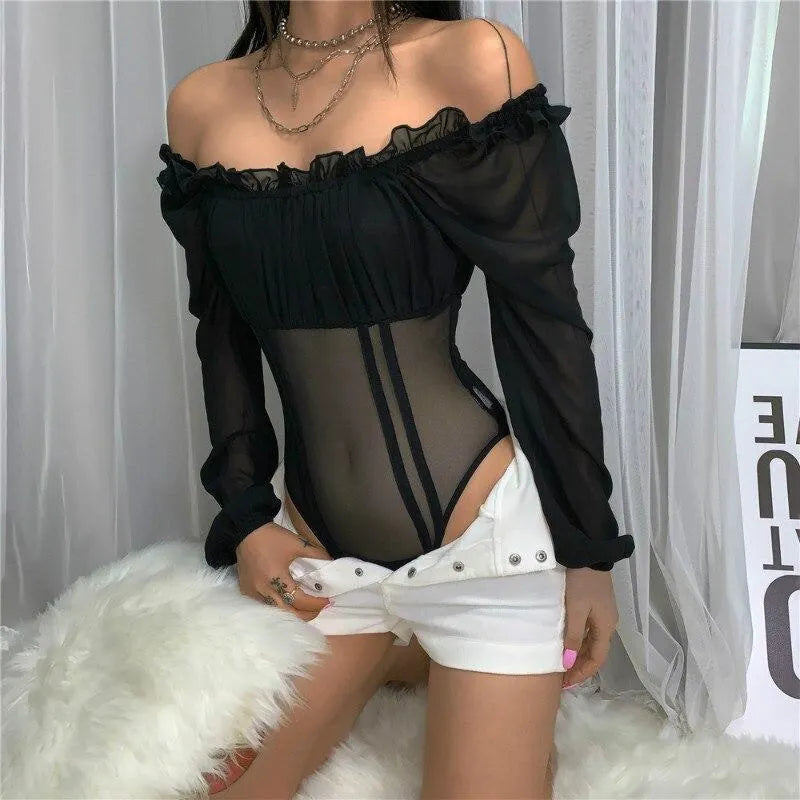 Off Shoulder Ruffled Mesh Bodysuit