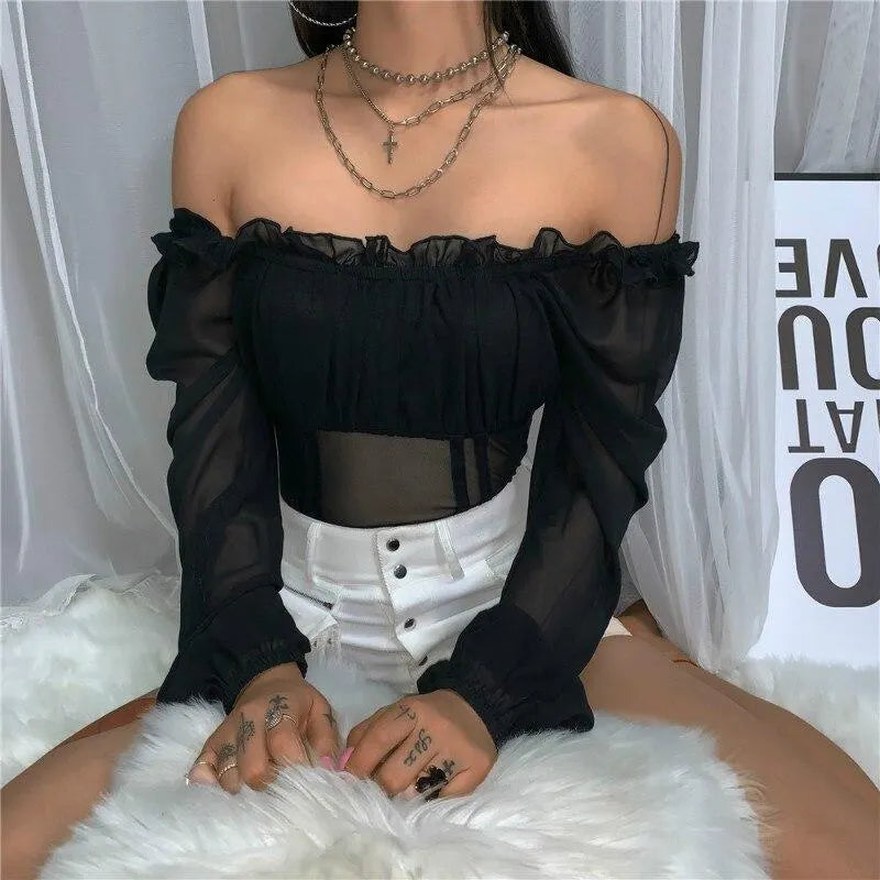 Off Shoulder Ruffled Mesh Bodysuit