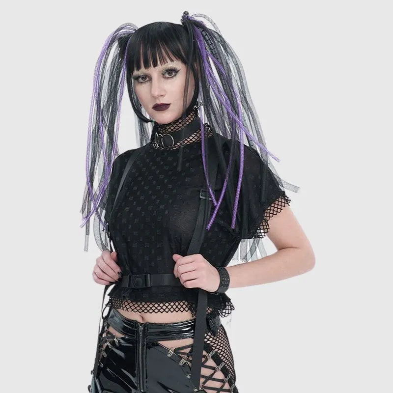 Sheer Mesh Cutout Belt T-Shirt