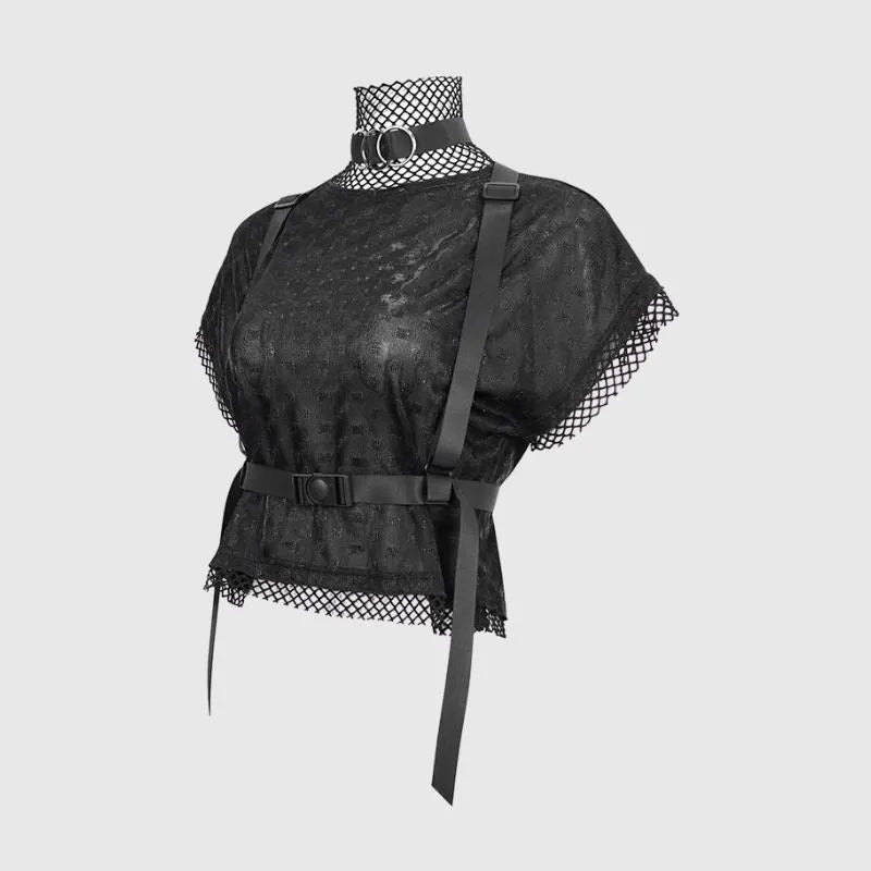 Sheer Mesh Cutout Belt T-Shirt
