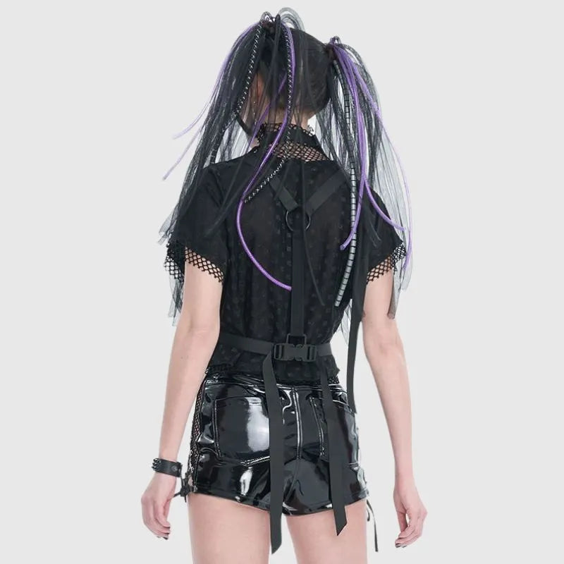 Sheer Mesh Cutout Belt T-Shirt