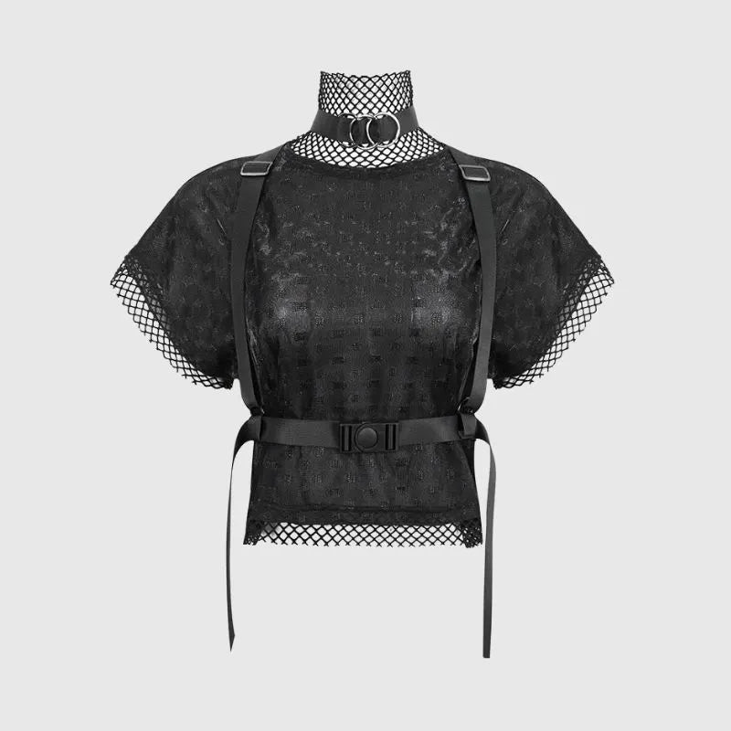 Sheer Mesh Cutout Belt T-Shirt