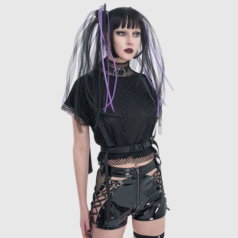 Sheer Mesh Cutout Belt T-Shirt