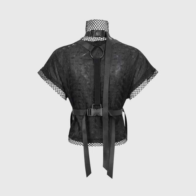 Sheer Mesh Cutout Belt T-Shirt