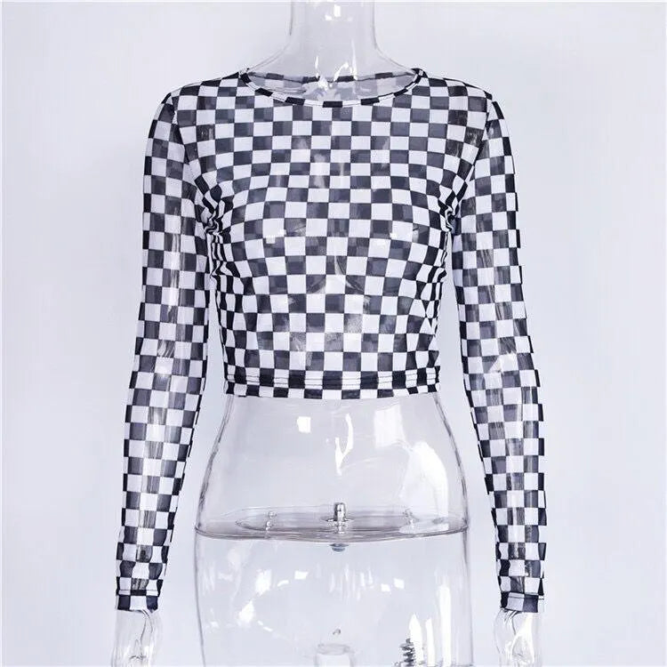 Long Sleeve Checkerboard Sheer Mesh Crop Top