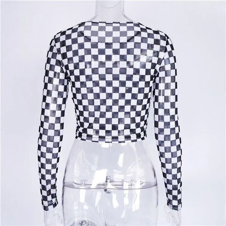 Long Sleeve Checkerboard Sheer Mesh Crop Top