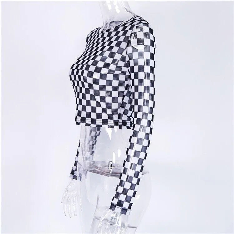 Long Sleeve Checkerboard Sheer Mesh Crop Top