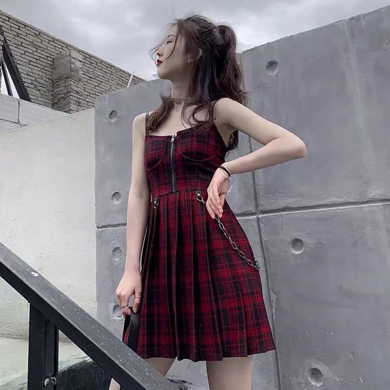 Grunge Spaghetti Strap Plaid Mini Dress