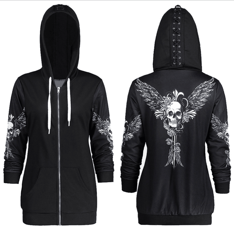 Skull Embroidery Long Hoodie