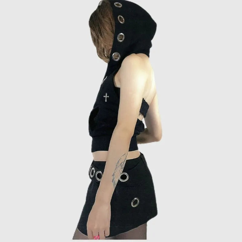 Cross Eyelet Backless Zipper Top