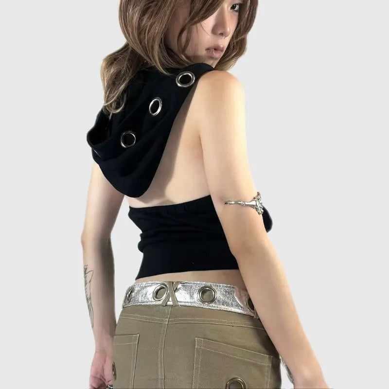 Cross Eyelet Backless Zipper Top
