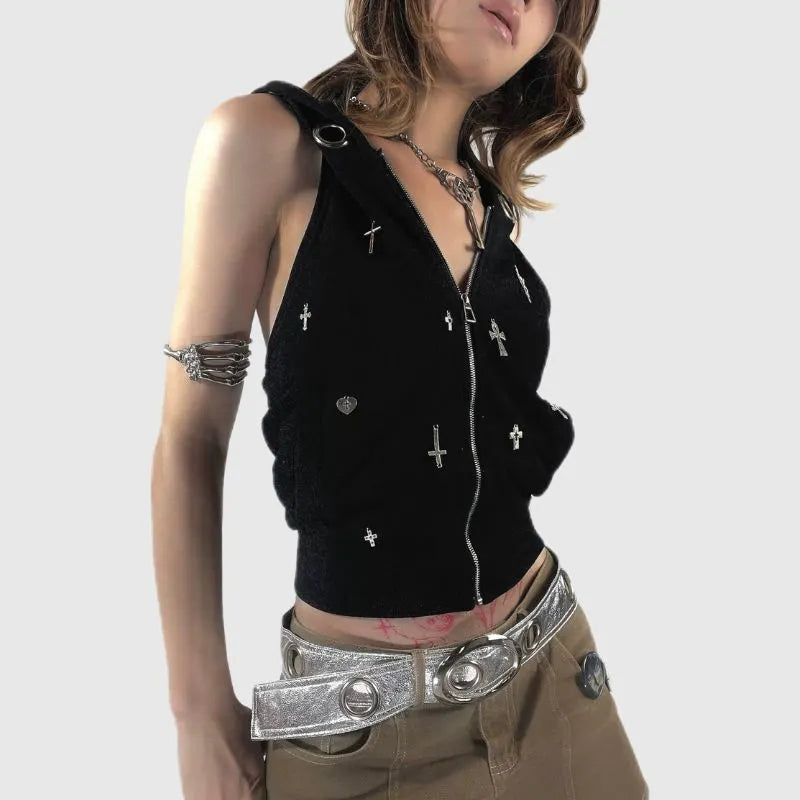 Cross Eyelet Backless Zipper Top