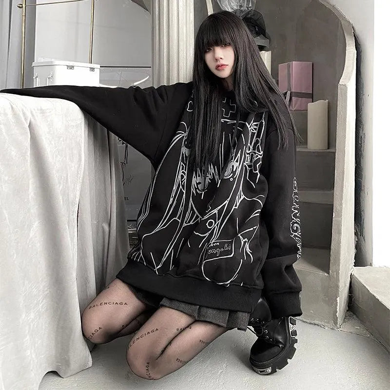 Cartoon Girl Print Oversize Hoodie