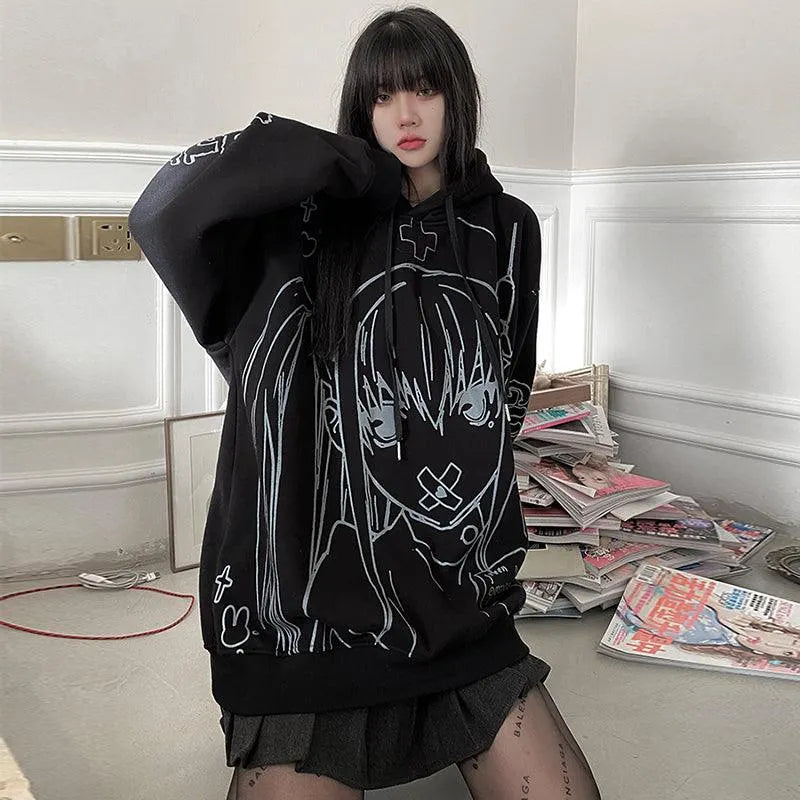 Cartoon Girl Print Oversize Hoodie