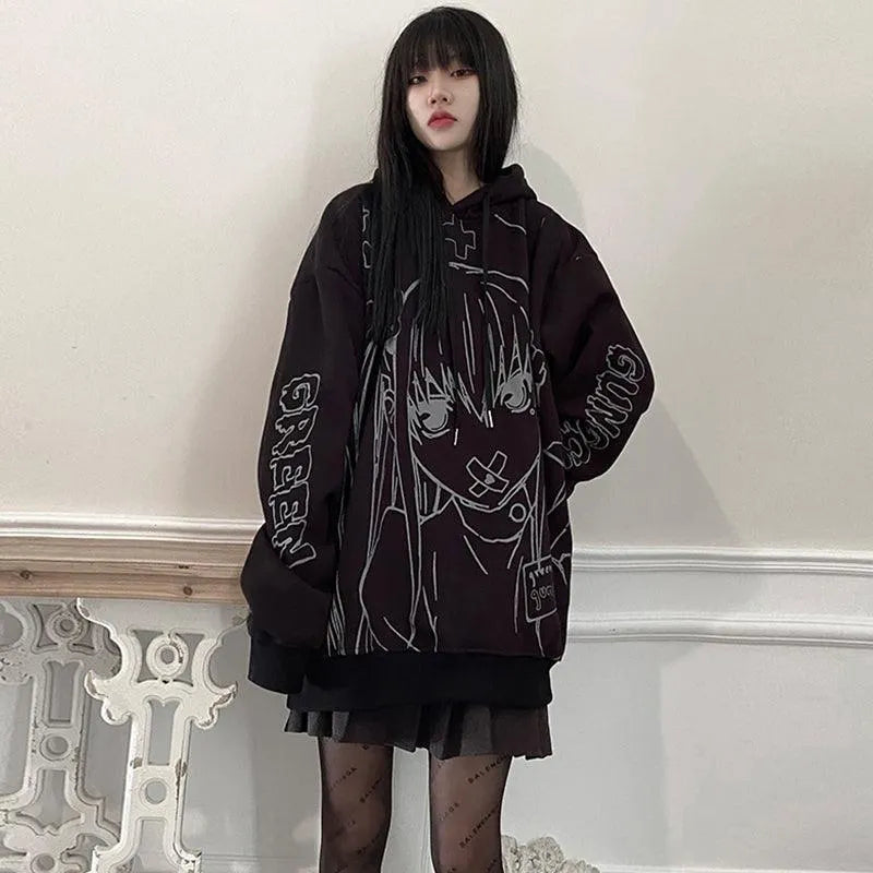 Cartoon Girl Print Oversize Hoodie