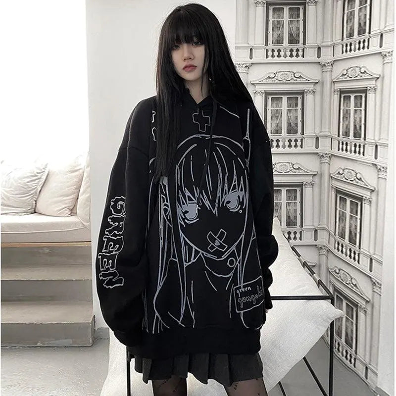 Cartoon Girl Print Oversize Hoodie