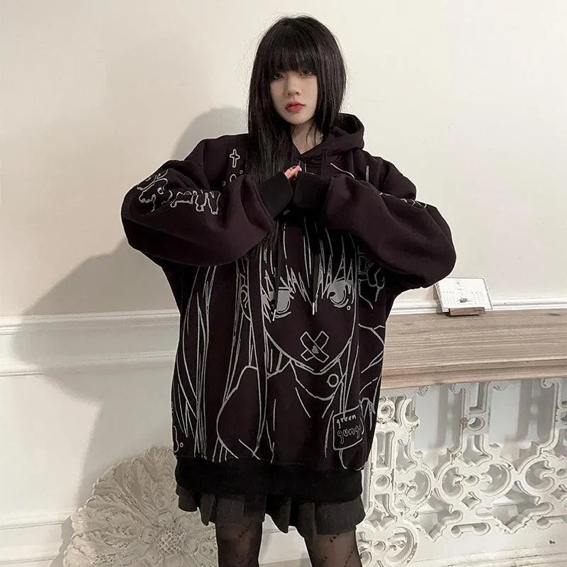 Cartoon Girl Print Oversize Hoodie