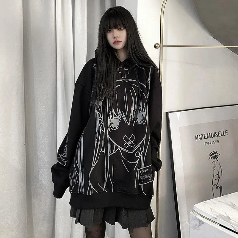 Cartoon Girl Print Oversize Hoodie