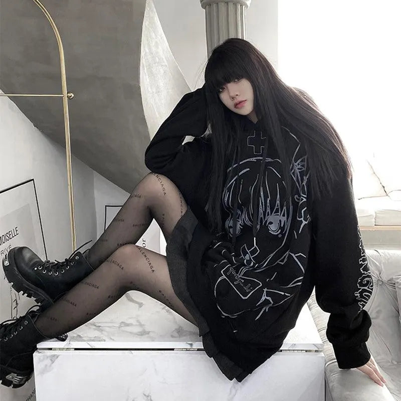Cartoon Girl Print Oversize Hoodie
