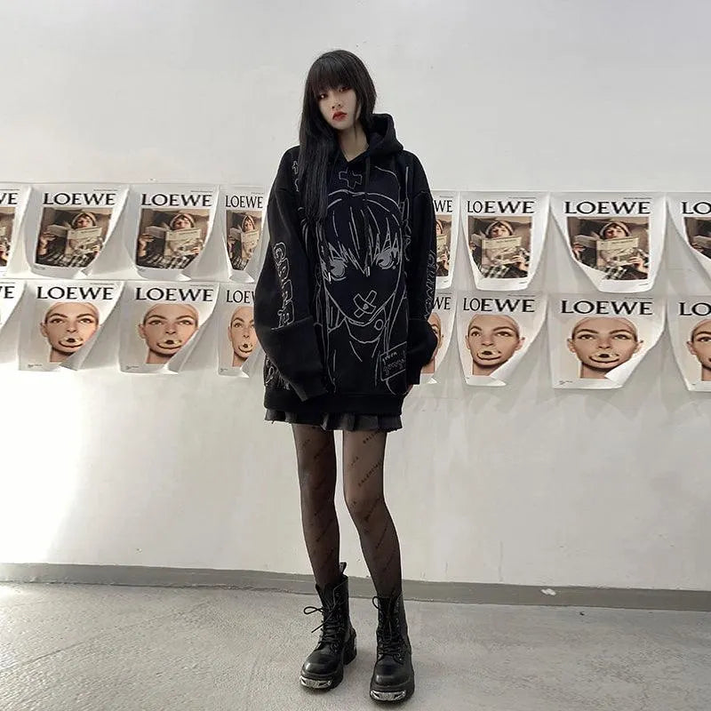 Cartoon Girl Print Oversize Hoodie