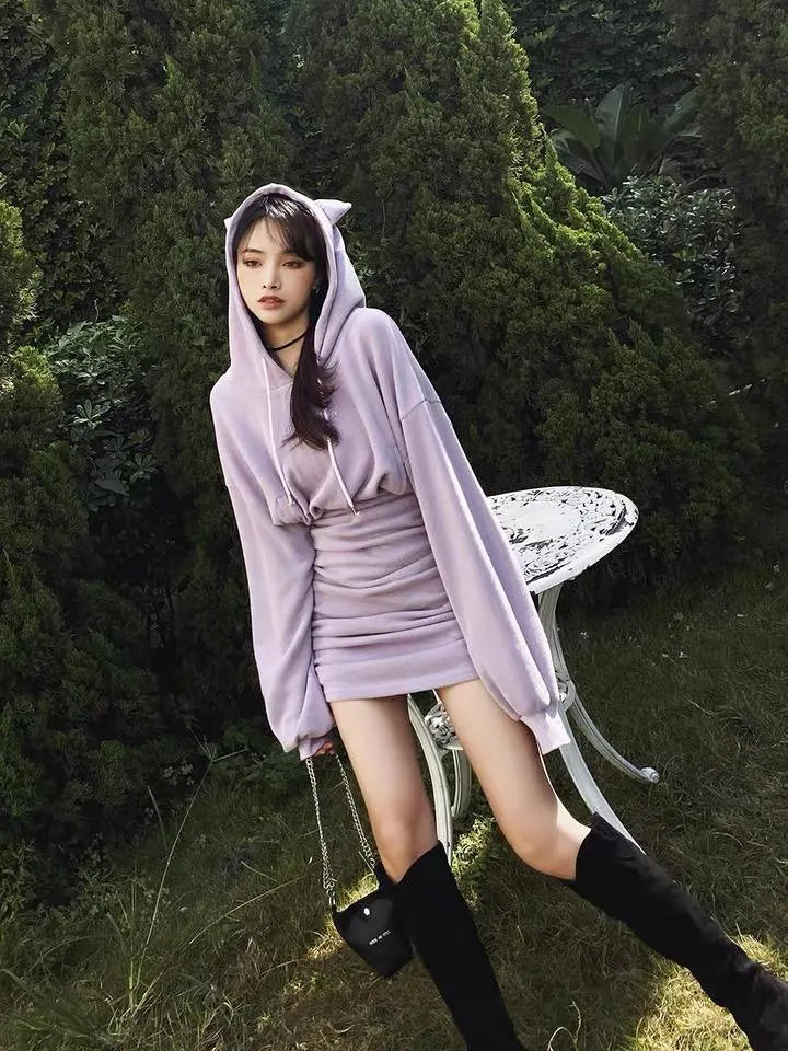 Fantasy Cat Embroidery Sheath Hoodie Dress