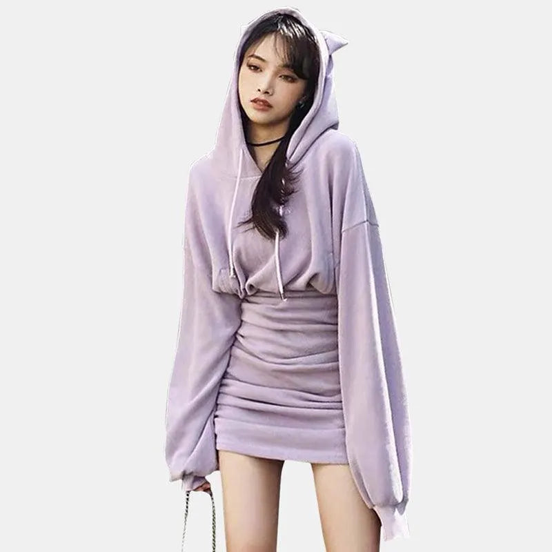 Fantasy Cat Embroidery Sheath Hoodie Dress